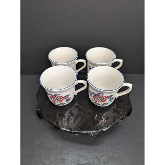 Tienshan Stoneware 2 Sided Floral Cup w/Blue Rim 8 Oz Replacement Lot of 4 - Picture 1 of 8